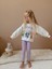 Kız Çocuk Beyaz Karakter Baskılı Sweatshirt ve Lila Ribana Tayt Takımı – 2’li Günlük Set 3