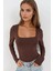 Kadın Slim Fit Kare Yaka Esnek Üst Koyu Mocha Kahve 1