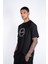 Kısa Kollu Baskılı Kumaş Kombinasyonlu Siyah Pamuklu T-Shirt 1