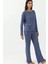 Kadın Yüksek Bel Uzun Kollu Pijama Takımı Oxford Mavisi 4