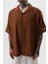 Erkek Respire Nakışlı Oversize Keten Gömlek Kahve 5