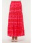 Viskon Kumaş Pembe Kırmızı Desenli Fırfırlı Yırtmaçlı Uzun Etek 3