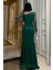 Kadın Esnek Krep Kumaş Kolları Tül ve Taş Detaylı Önü Drapeli Maxi Boy Balık Abiye Elbise Zümrüt 583118 4