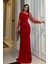 Kadın Esnek Krep Kumaş Kolları Tül ve Taş Detaylı Önü Drapeli Maxi Boy Balık Abiye Elbise Kırmızı 583118 1