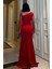 Kadın Esnek Krep Kumaş Kolları Tül ve Taş Detaylı Önü Drapeli Maxi Boy Balık Abiye Elbise Kırmızı 583118 4