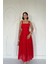 Kırmızı Askılı Aparatlı Brode Elbise 1