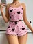 Pamuklu Pembe Üstüne Siyah Kalp Desenli Askılı Fitilli Şortlu Pijama Takımı 1