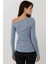 Kadın Asimetrik Yaka Slim Fit Uzun Kollu Üst Busem Collection Bebek Mavisi 2