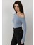 Kadın Asimetrik Yaka Slim Fit Uzun Kollu Üst Busem Collection Bebek Mavisi 3