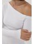 Kadın Asimetrik Yaka Slim Fit Uzun Kollu Üst Busem Collection White 4