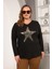 Büyük Beden Yıldız Pul Payet Nakış Detay Bluz Siyah 1