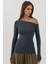 Kadın Asimetrik Yaka Slim Fit Uzun Kollu Üst Busem Collection Grey 6