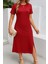 Kadın Kırmızı Viskon Elbise Kısa Kollu Bisiklet Yaka Günlük Şık Rahat Yırtmaçlı T-Shirt Elbise 2XL-3XL 1