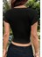 Kadın Siyah Göğsü ve Kolları Dantelli Fiyonklu Kısa Kol Crop Top Bluz 2