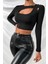 Kadın Siyah Göğüs Dekolteli Çapraz Askılı Uzun Kollu Crop Top Bluz 5