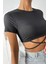 Kadın Siyah Yarım Kol Çapraz Bağlamalı Crop Top Bluz 6