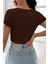Kadın Kahverengi Yarım Kol Düz Yaka Crop Top Bluz 2