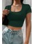Kadın Yeşil Yarım Kol Düz Yaka Crop Top Bluz 6