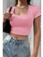 Kadın Pembe Yarım Kol Düz Yaka Crop Top Bluz 6