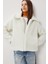 Polo Yaka Fermuarlı Peluş Sweatshirt LCI0042 Ekru 3