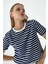 Kadın Bisiklet Yaka Kısa Kollu Çizgili Sweatshirt Lacivert - MS0001301 1