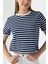 Kadın Bisiklet Yaka Kısa Kollu Çizgili Sweatshirt Lacivert - MS0001301 4
