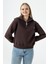 Kadın Yarım Fermuarlı Taşlı Kalp Nakışlı 3ip Sweatshirt Kahverengi - 2665 2