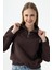Kadın Yarım Fermuarlı Taşlı Kalp Nakışlı 3ip Sweatshirt Kahverengi - 2665 3