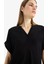 Regular Fit Apaş Yaka Basic Düz Krinkıl Kumaş Kısa Kollu Bluz C0998AX25SM 4