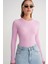 6938 Kadın Bisiklet Yaka Fitilli Triko Body Pembe 3