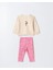 Kız Çocuk Pamuklu Krem Sweatshirt ve Pembe Çiçek Desenli Tayt Ikili Takım 2