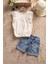 Bej Dantel Detaylı Bluzlu Jean Şortlu Kız Çocuk 2li Takım 22663 1