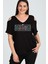 Büyük Beden Overthinker Baskılı Omuzu V Pencere Kısa Kol Bluz 1