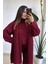 Kadın Bordo Atkılı Saç Örgülü Triko Pantolon Takım 1