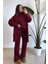 Kadın Bordo Atkılı Saç Örgülü Triko Pantolon Takım 2