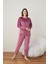 kadın Pembe Uzun Kollu Sıfır Yakalı Düz Renk Kadife Baskılı Pijama Takımı 1