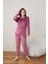kadın Pembe Uzun Kollu Sıfır Yakalı Düz Renk Kadife Baskılı Pijama Takımı 2