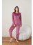 kadın Pembe Uzun Kollu Sıfır Yakalı Düz Renk Kadife Baskılı Pijama Takımı 3