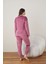 kadın Pembe Uzun Kollu Sıfır Yakalı Düz Renk Kadife Baskılı Pijama Takımı 4
