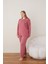Kadın Bordo Düğmeli Sıfır Yaka Düz Pamuklu Interlok Kumaş Uzun Kol Kadın Pijama Takımı 1