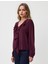 Bordo Uzun Kollu V Yaka Fırfır Detaylı Dokuma Bluz 3