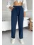 Yüksek Bel Bağcıklı %100 Pamuk Rahat Kalıp Lacivert Düz Paça Kadın Pantalon 4