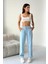 Yüksek Bel Bağcıklı %100 Pamuk Rahat Kalıp Babe Mavisi Düz Paça Kadın Pantalon 1