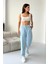 Yüksek Bel Bağcıklı %100 Pamuk Rahat Kalıp Babe Mavisi Düz Paça Kadın Pantalon 4