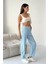 Yüksek Bel Bağcıklı %100 Pamuk Rahat Kalıp Babe Mavisi Düz Paça Kadın Pantalon 5