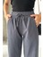 Yüksek Bel Bağcıklı %100 Pamuk Rahat Kalıp Antrasit Düz Paça Kadın Pantalon 5