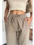 Yüksek Bel Bağcıklı %100 Pamuk Rahat Kalıp Vizon Düz Paça Kadın Pantalon 4