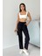 Yüksek Bel Bağcıklı %100 Pamuk Rahat Kalıp Siyah Düz Paça Kadın Pantalon 1