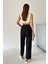 Yüksek Bel Bağcıklı %100 Pamuk Rahat Kalıp Siyah Düz Paça Kadın Pantalon 3