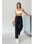 Yüksek Bel Bağcıklı %100 Pamuk Rahat Kalıp Siyah Düz Paça Kadın Pantalon 2
